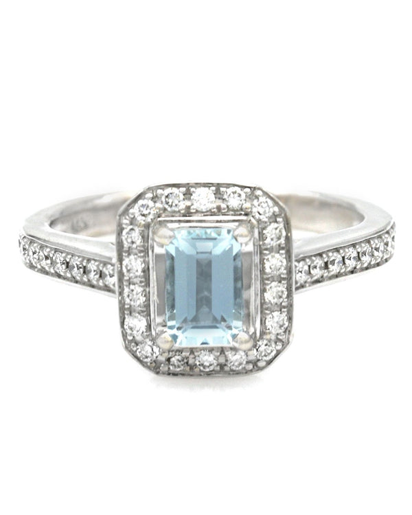 Aquamarine and Diamond Octagon Halo Ring