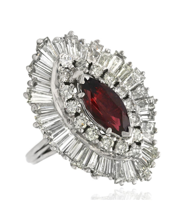 Marquise Ruby, Round and Diamond Ballerina Ring