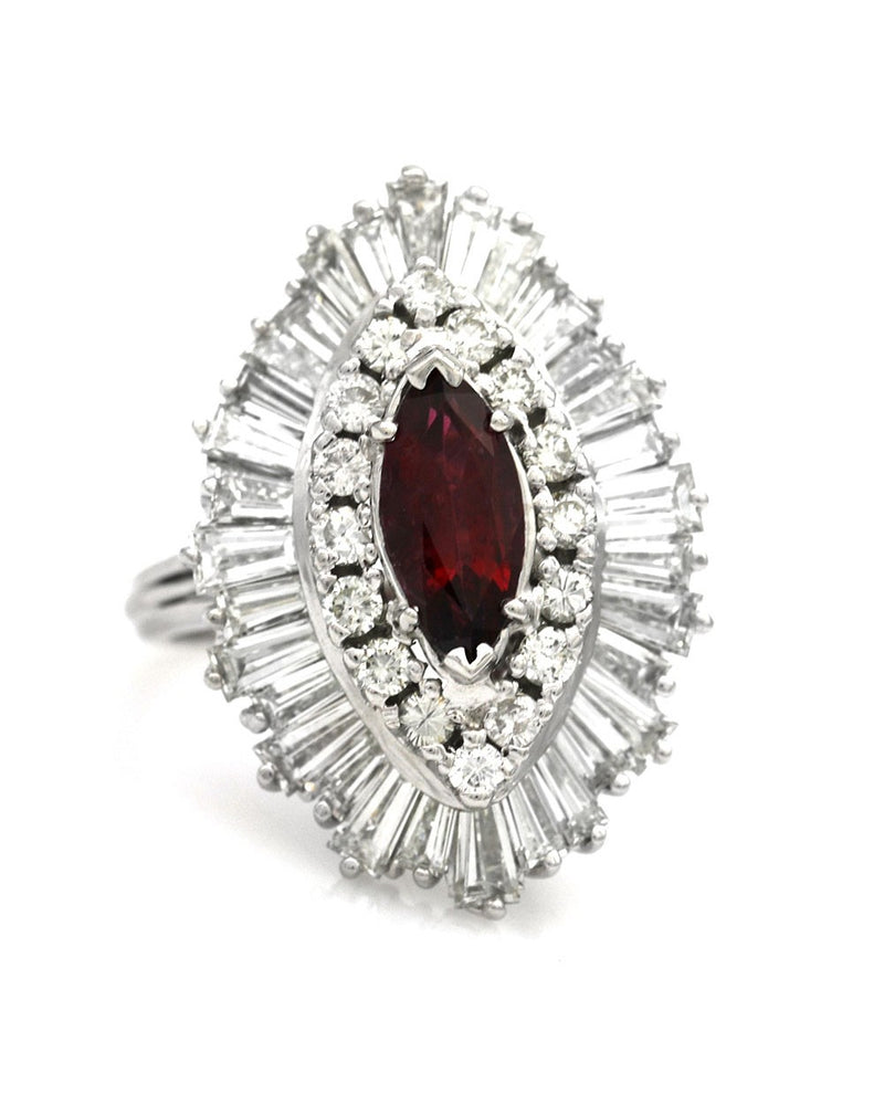 Marquise Ruby, Round and Diamond Ballerina Ring