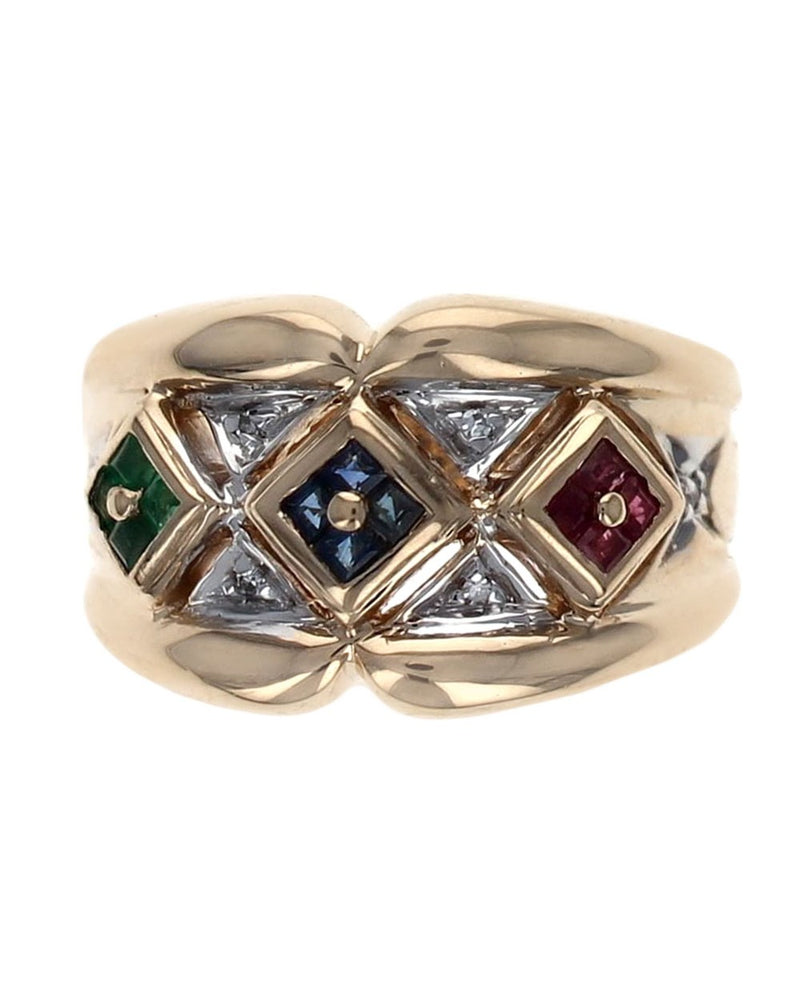 Ruby, Sapphire, Emerald, and Diamond Ring in White and Yellow Gold