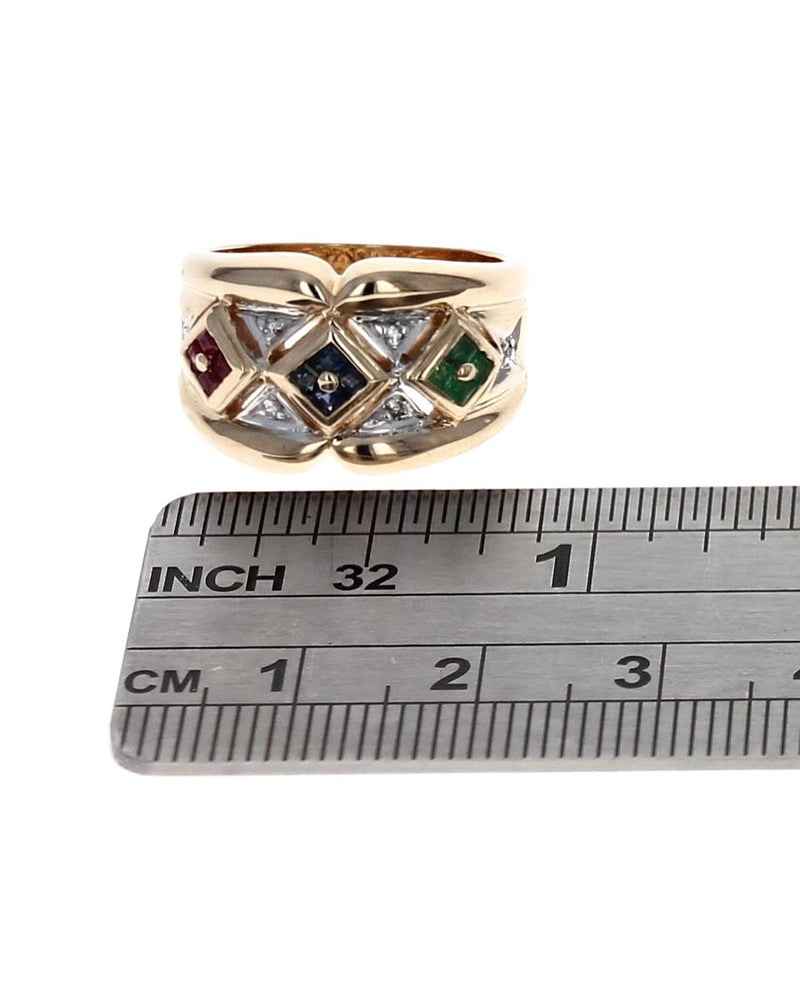 Ruby, Sapphire, Emerald, and Diamond Ring in White and Yellow Gold