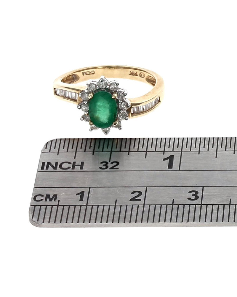 Oval Emerald and Diamond Halo Accent Ring in White and Yellow Gold