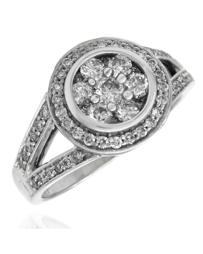 Diamond Cluster Halo Split Shank Ring in White Gold