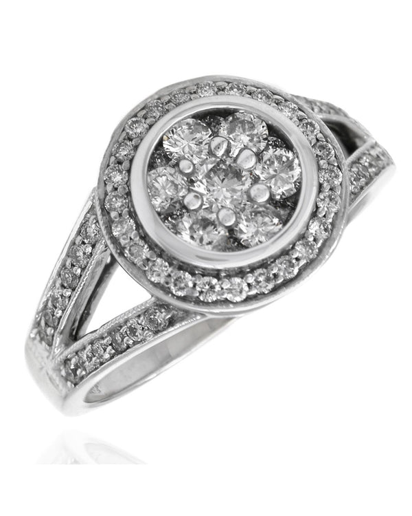 Diamond Cluster Halo Split Shank Ring in White Gold