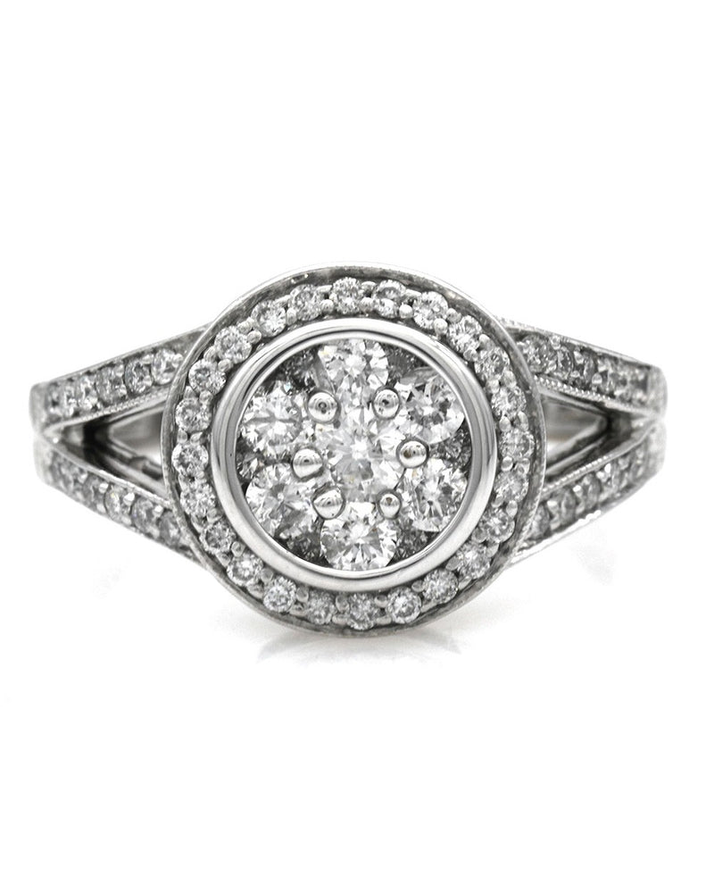 Diamond Cluster Halo Split Shank Ring in White Gold