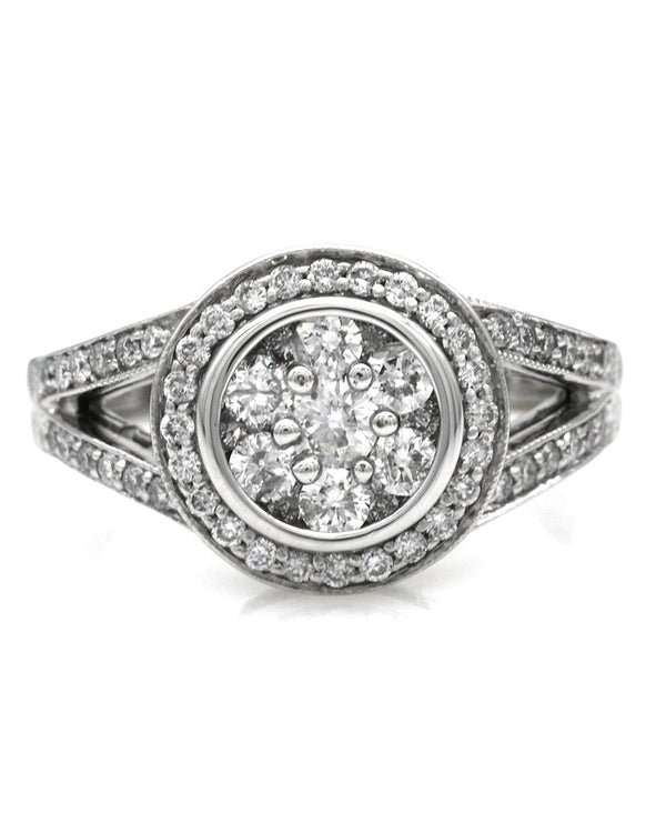 Diamond Cluster Halo Split Shank Ring in White Gold