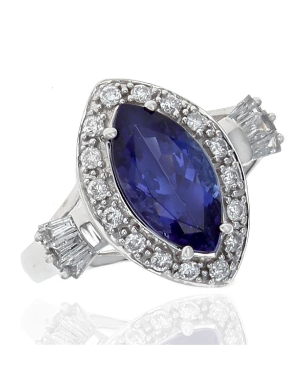 Tanzanite and Diamond Halo Ring in White Gold