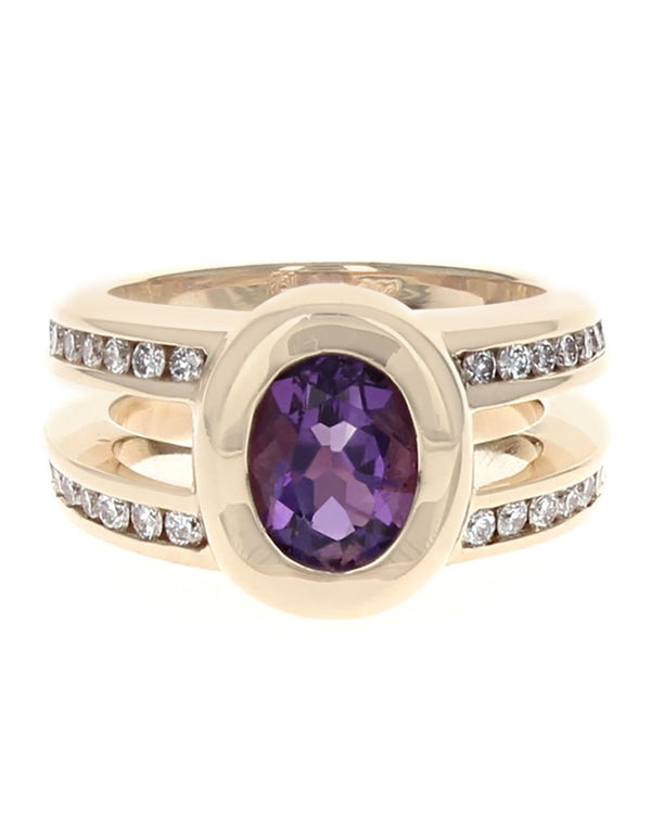 Gauthier Amethyst and Diamond Split Shank Ring in Yellow Gold