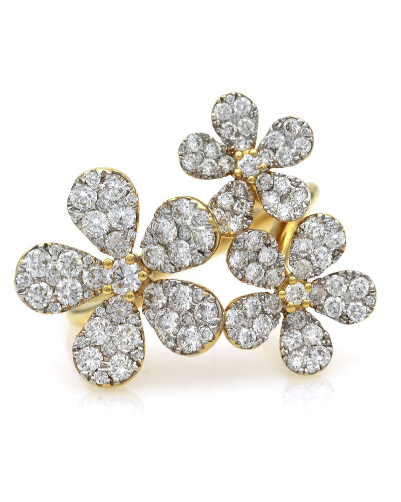 Diamond Pave Triple Flower Ring in Yellow Gold