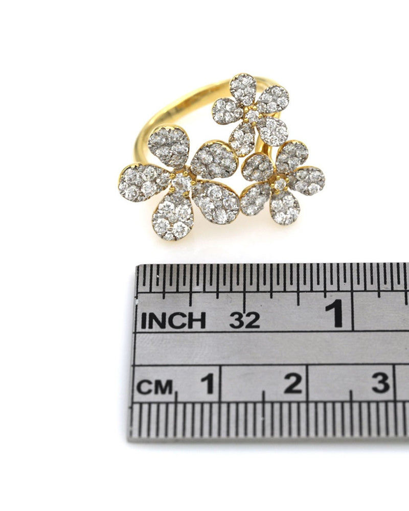 Diamond Pave Triple Flower Ring in Yellow Gold