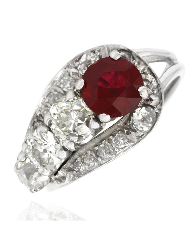 GIA Certified Burmese Ruby and Euro Diamond Vintage Ring in 14KW