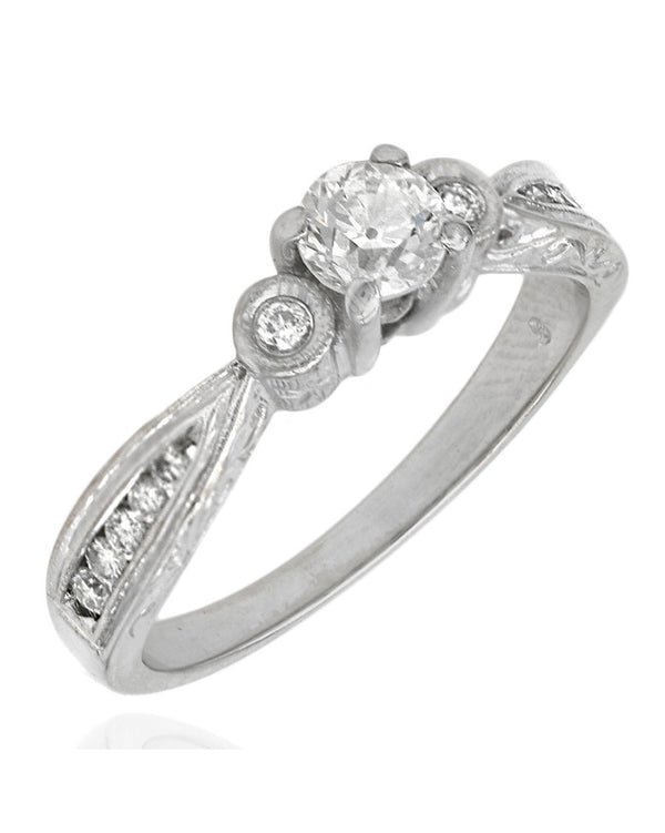 Diamond Engagement Ring with Scroll and Milgrain Accent in White Gold