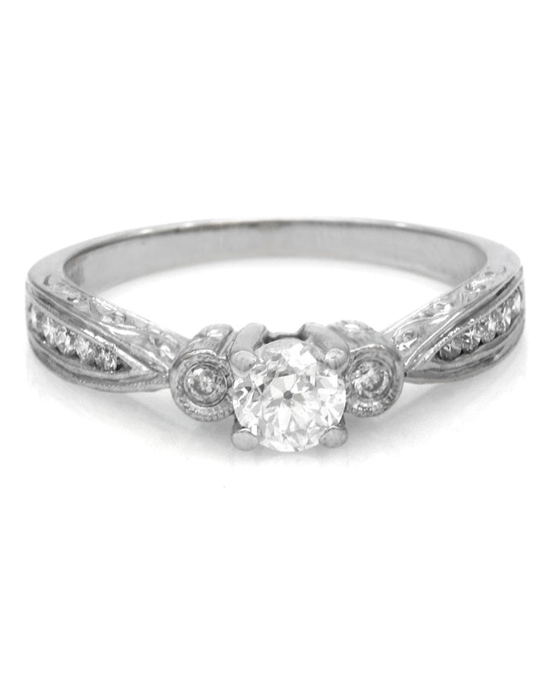 Diamond Engagement Ring with Scroll and Milgrain Accent in White Gold