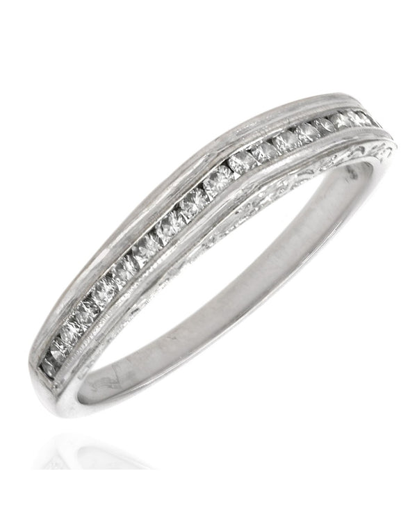 Diamond Band with Scroll and Milgrain Accent in White Gold