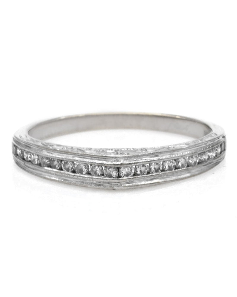 Diamond Band with Scroll and Milgrain Accent in White Gold