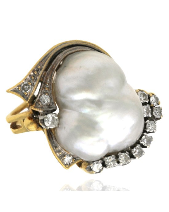 Baroque Pearl and Diamond Ring in White and Yellow Gold