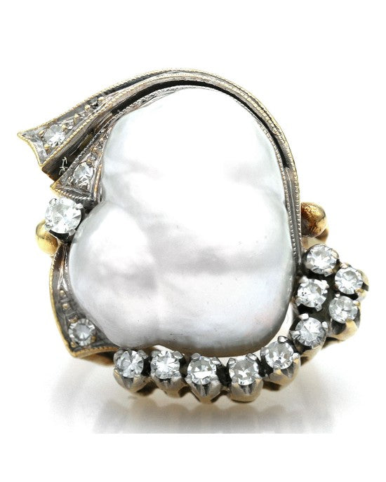 Baroque Pearl and Diamond Ring in White and Yellow Gold