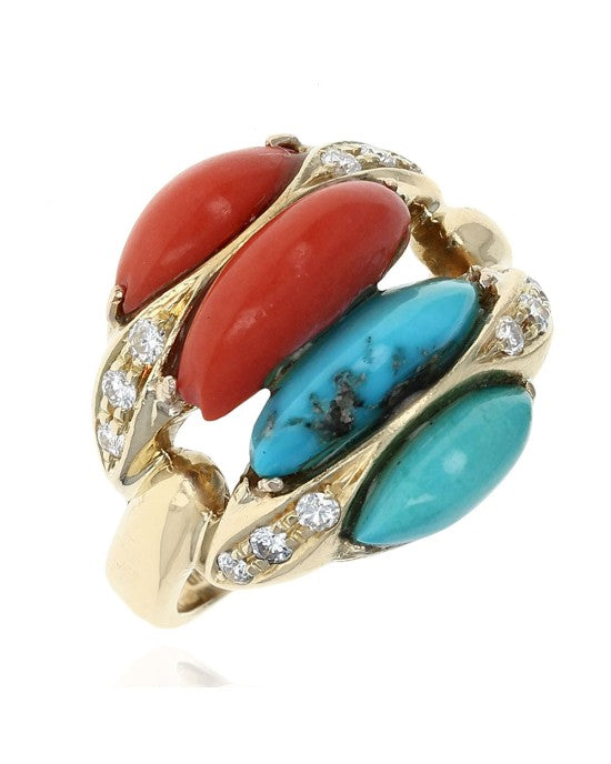 Turquoise, Coral and Diamond Ring in Gold