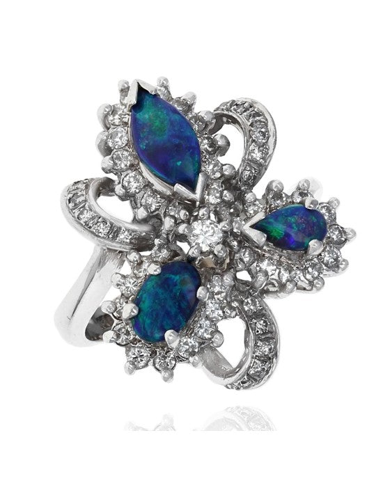 Black Opal and Diamond Halo Ribbon Ring