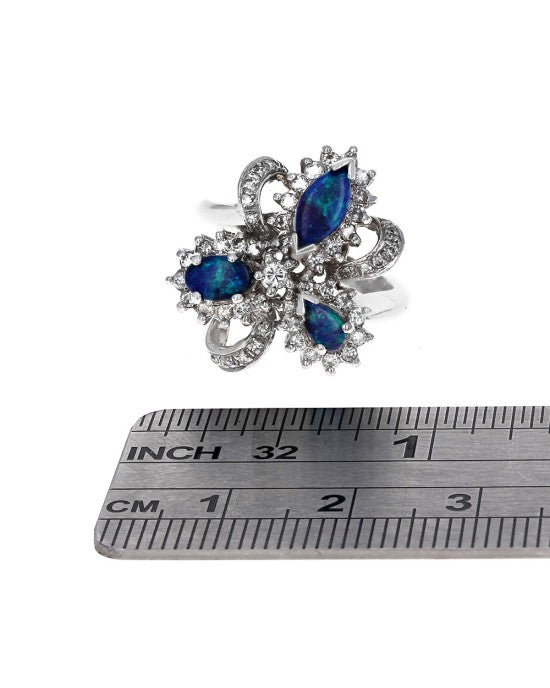 Black Opal and Diamond Halo Ribbon Ring