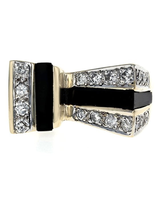 Black Onyx and Diamond Geometric Fashion Ring in Yellow Gold