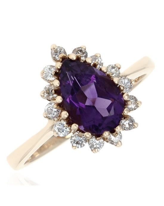 Amethyst and Diamond Halo Ring in Yellow Gold