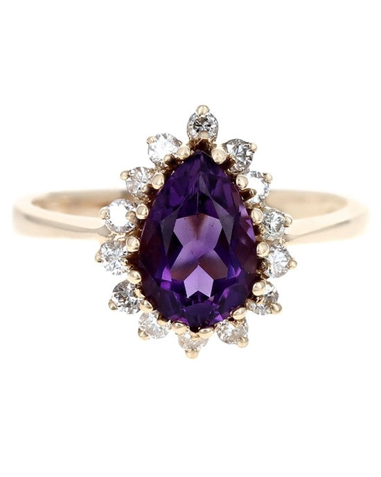 Amethyst and Diamond Halo Ring in Yellow Gold