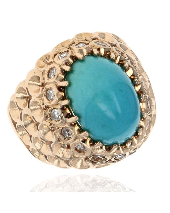 Turquoise Cabochon and Diamond Honeycomb Dome Ring