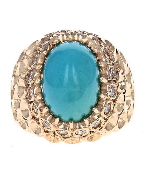 Turquoise Cabochon and Diamond Honeycomb Dome Ring