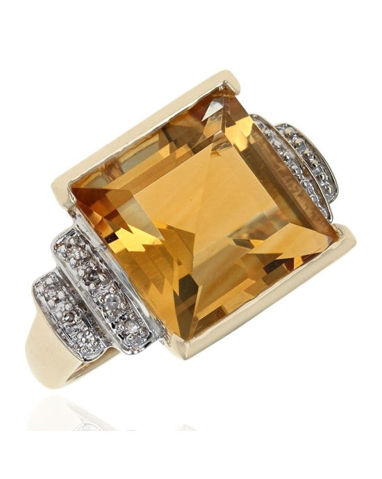 Square Citrine and Diamond Accent Ring in Yellow Gold