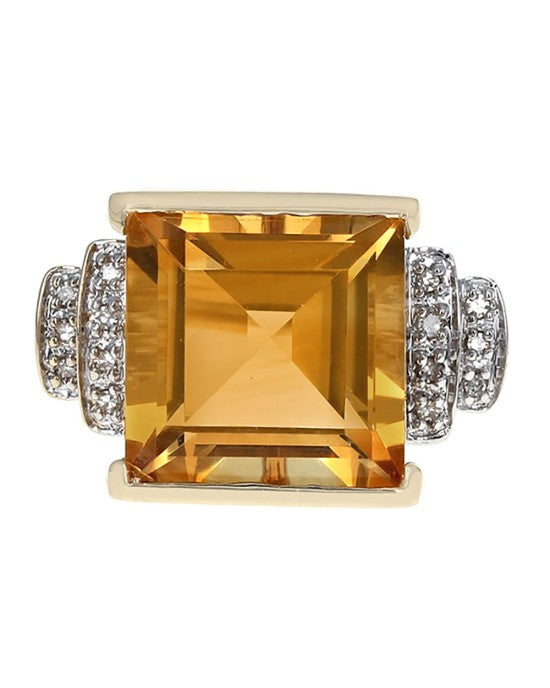 Square Citrine and Diamond Accent Ring in Yellow Gold