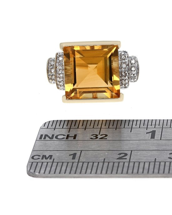 Square Citrine and Diamond Accent Ring in Yellow Gold