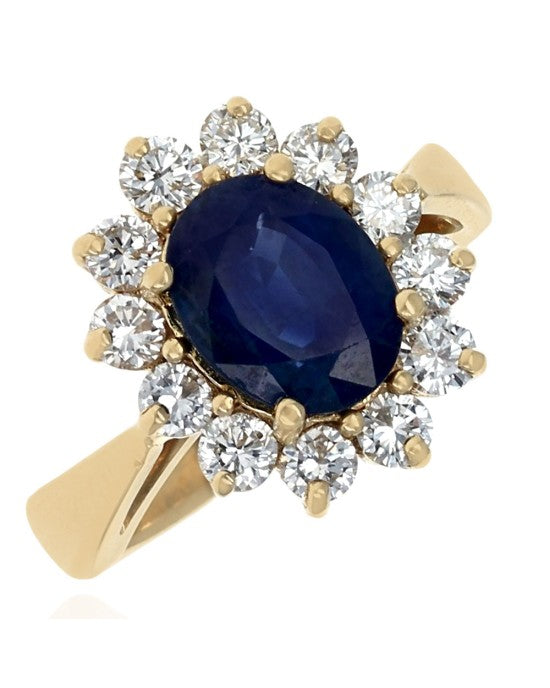 Blue Sapphire and Diamond Halo Ring in Yellow Ring