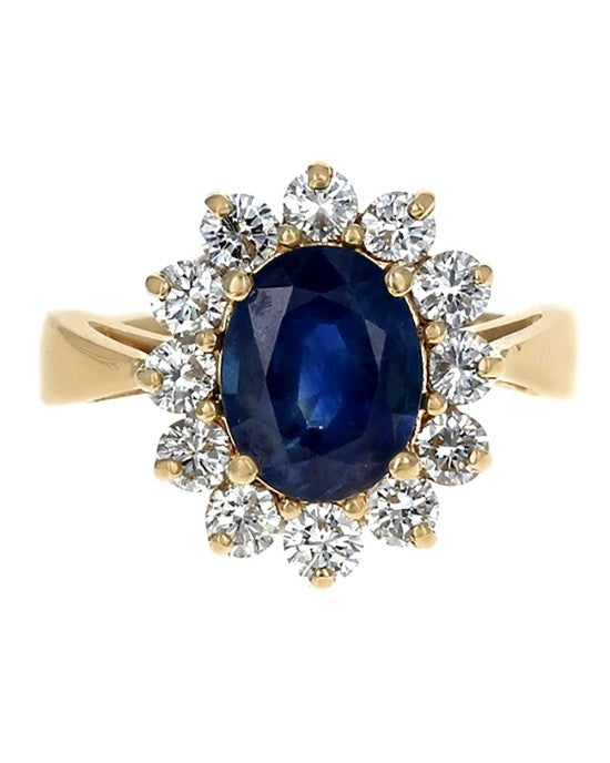 Blue Sapphire and Diamond Halo Ring in Yellow Ring