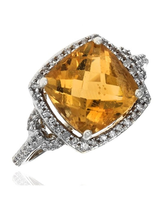 Citrine and Diamond Halo Filigree Ring in Yellow Gold