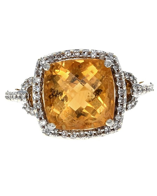 Citrine and Diamond Halo Filigree Ring in Yellow Gold