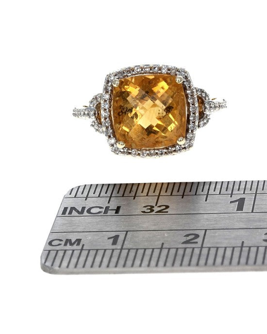 Citrine and Diamond Halo Filigree Ring in Yellow Gold