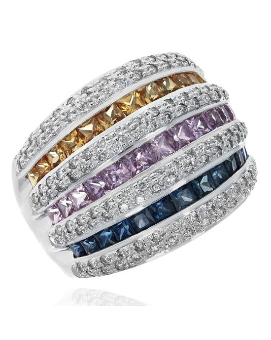 7 Row Alternating Pave Diamond and Multicolor Sapphire Ring in White Gold