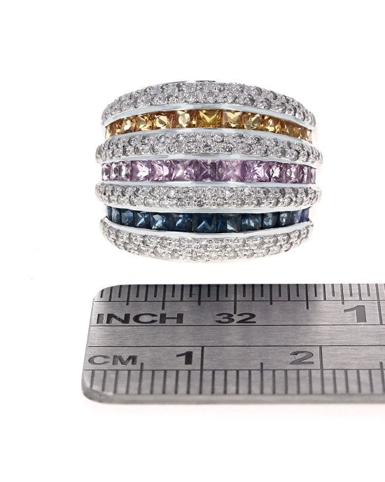 7 Row Alternating Pave Diamond and Multicolor Sapphire Ring in White Gold