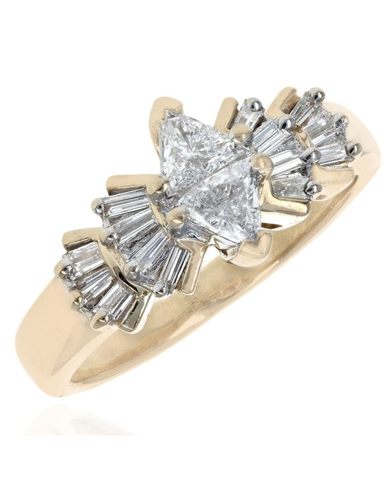 Trilliant and Baguette Cut Diamond Ring in Yellow Gold