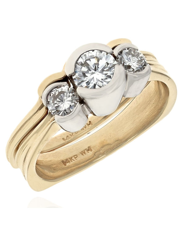 3 Stone Diamond Euro Shank Wedding Set in White and Yellow Gold