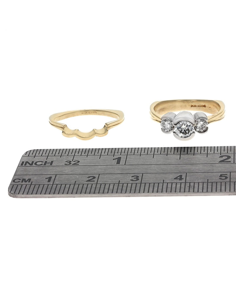 3 Stone Diamond Euro Shank Wedding Set in White and Yellow Gold