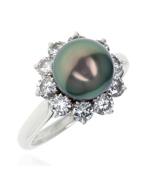 Black Tahitian Pearl and Diamond Halo Ring