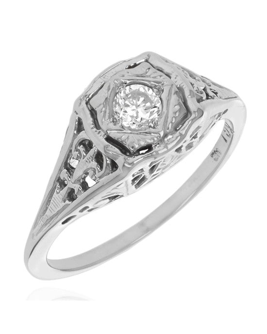 Vintage Diamond Solitaire Etched Ring