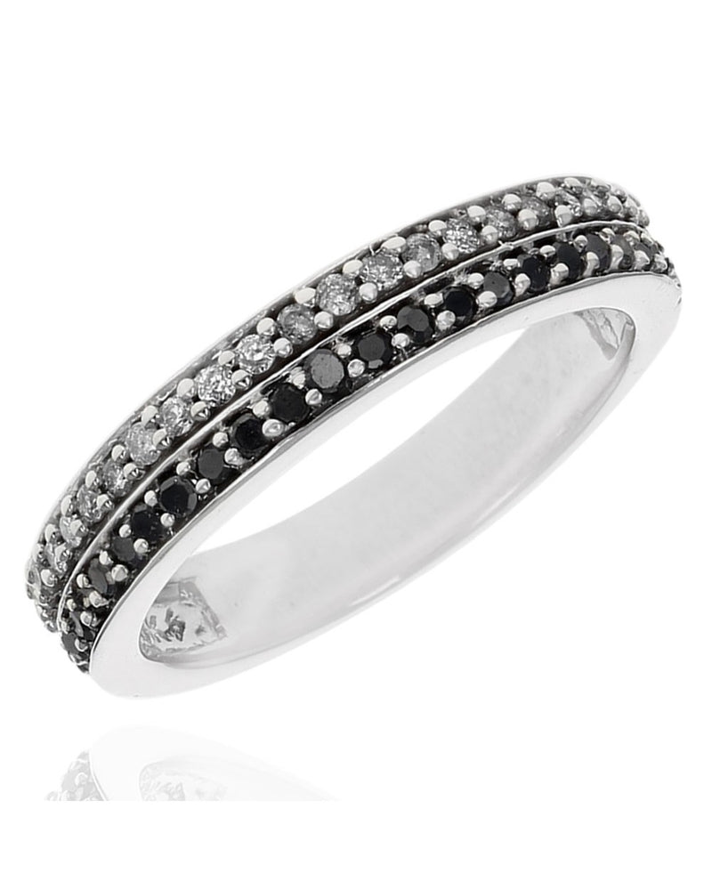 2 Row Black and White Diamond Ring in White Gold