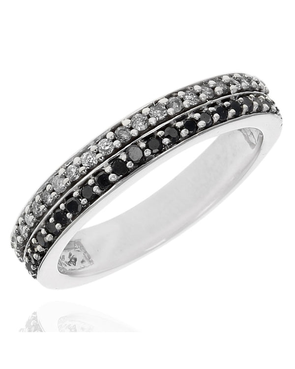 2 Row Black and White Diamond Ring in White Gold