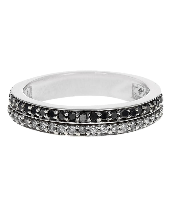 2 Row Black and White Diamond Ring in White Gold