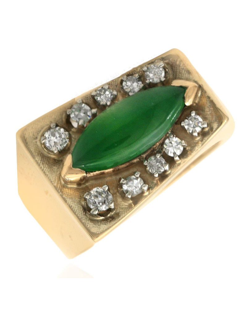 Green Jadeite and Diamond Geometric Fashion Ring in Yellow Gold