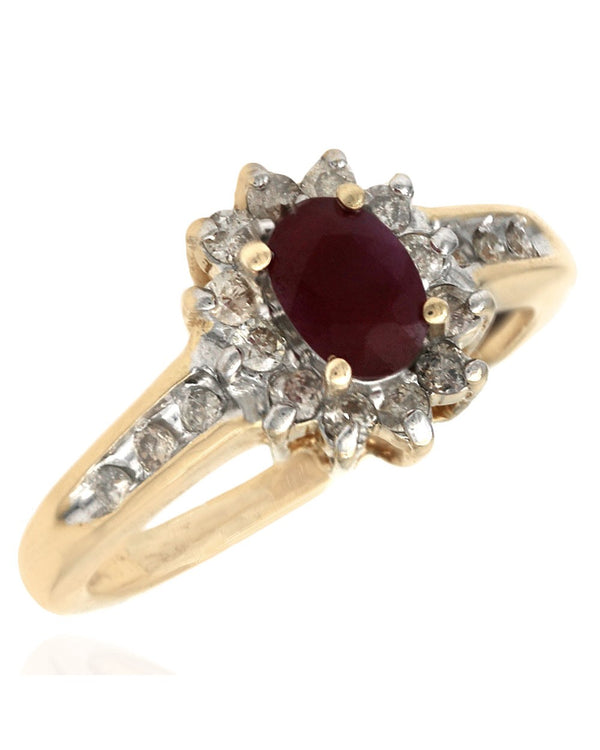 Ruby and Diamond Halo Ring in White and Yellow Gold