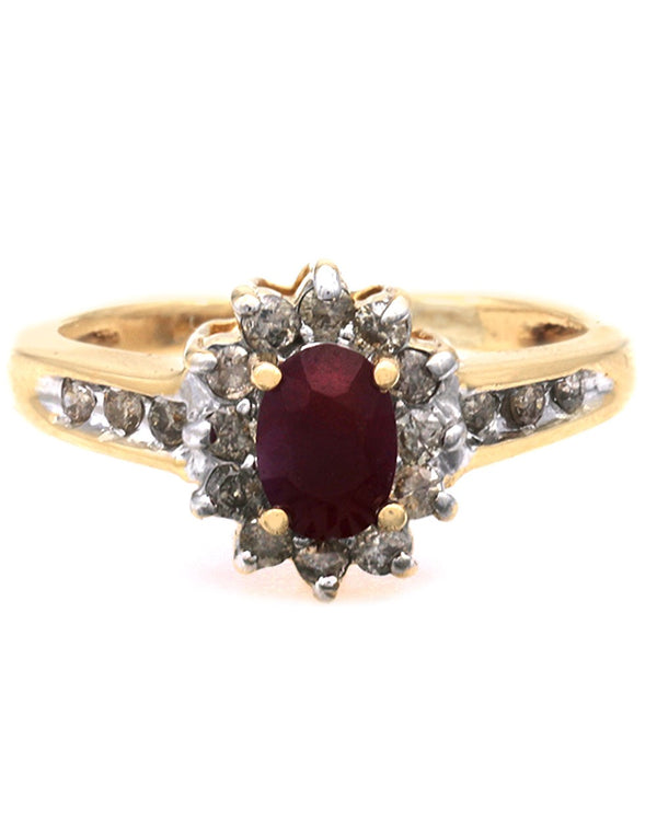 Ruby and Diamond Halo Ring in White and Yellow Gold